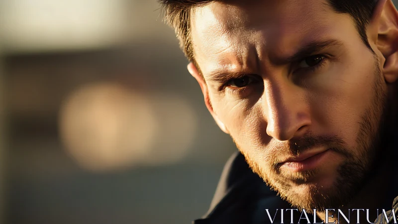 Cinematic close-up portrait in warm directional sunlight