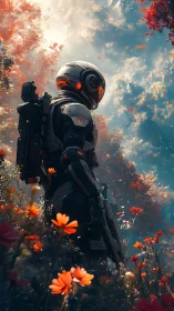 Armored figure surveys dense floral terrain under diffused sky