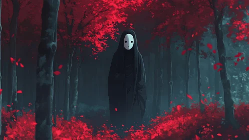 Digital painting of robed spirit in crimson forest environment.
