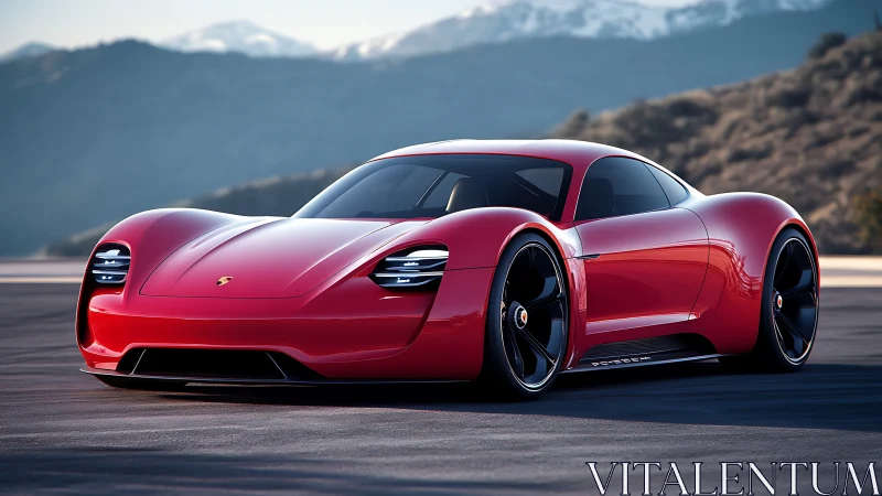 Sleek red sports car glides confidently along a mountain road