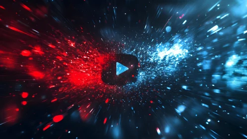 Futuristic YouTube Play Button with Red and Blue Particle Burst.