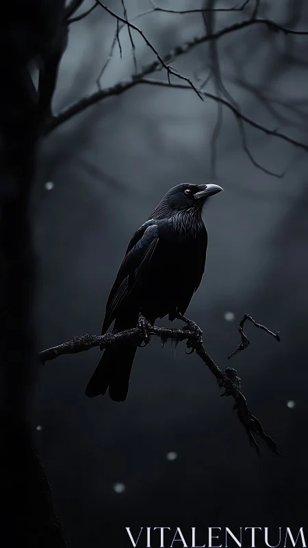 Solitary raven perched on wet branch in dim forest dusk