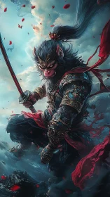 Storm-swept monkey warrior poised with flaming blade.