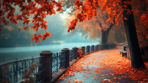 Riverside walkway covered in vivid red autumn leaves.