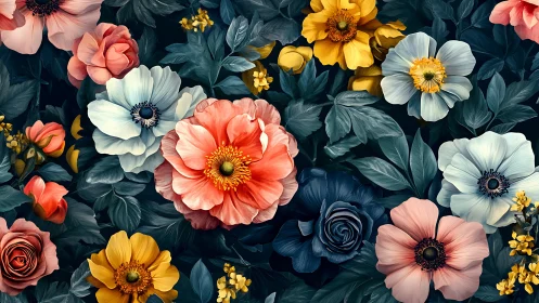 Blooming Garden Composition: Coral, Gold, and White Florals Against Teal Foliage.