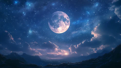 Luminous full moon over twilight mountains and nebular sky