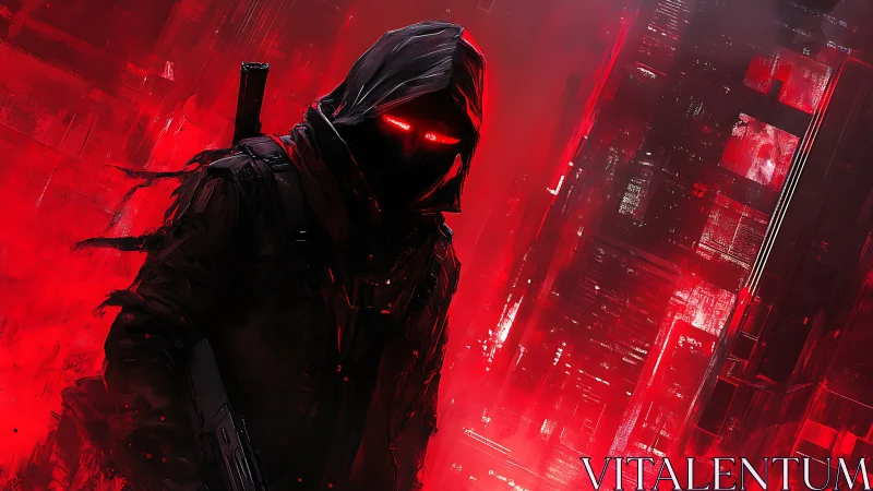 Hooded armed figure in red cyberpunk urban environment.