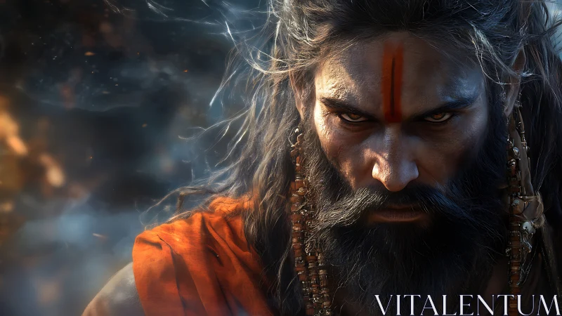 Intense bearded ascetic with saffron robe and tilak mark.