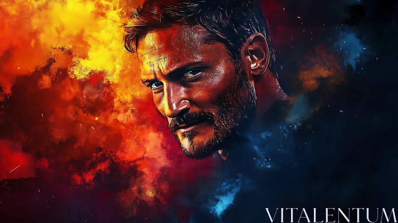 Intense male portrait against fiery and dark backdrop.