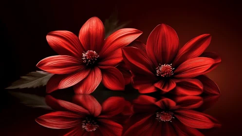 Deep red dahlias with intricate petal texture and dramatic reflective surface.