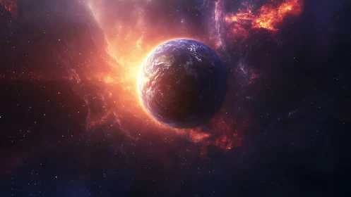 Digital painting of Earth in radiant nebular backlight composition.