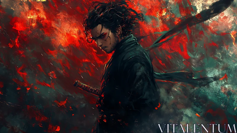 Brooding samurai warrior amid swirling red chaos.