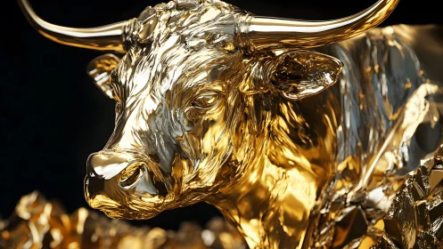 Shiny Golden Bull Sculpture in Modern Art Style with Reflective Finish.