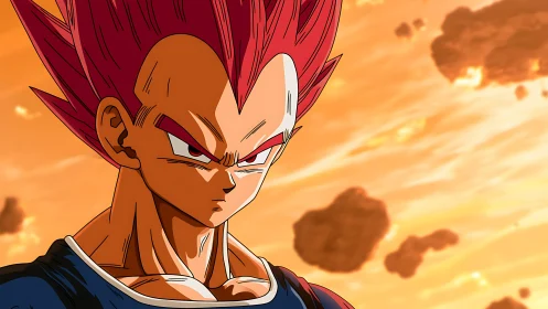 Red-haired anime warrior in close-up against fiery sky
