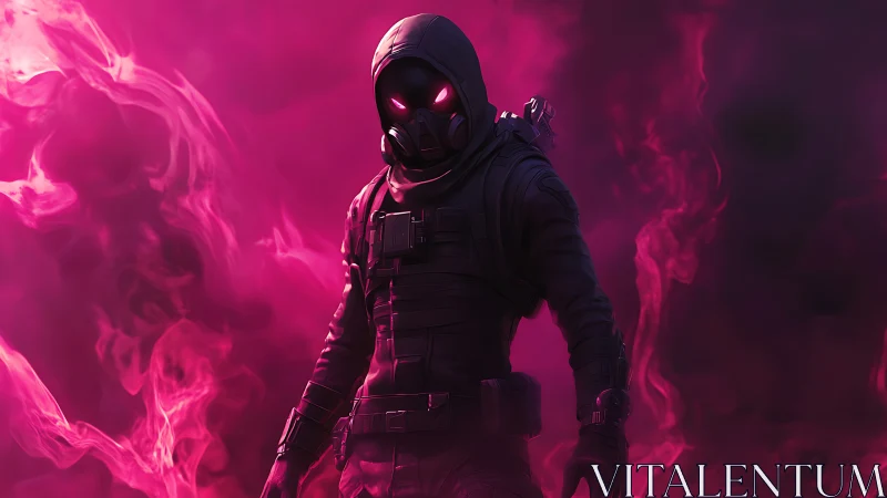 Hooded tactical operative in neon magenta toxic vapor field