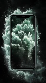 Phone window into stormy teal waves and swirling mist.