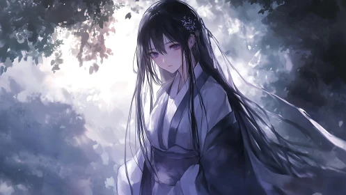 Moonlit priestess lingers where mist and memory entwine