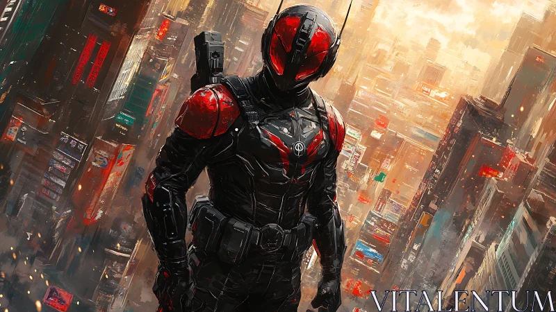 Bold red-armored hero watching over a glowing cityscape.