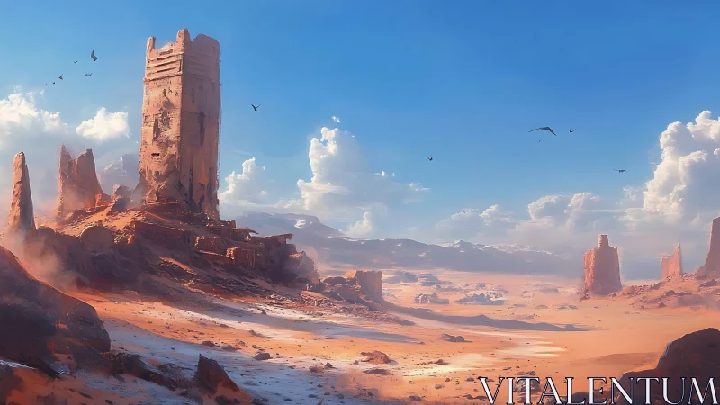 Monolithic desert ruin rises over arid sci fi canyon vista