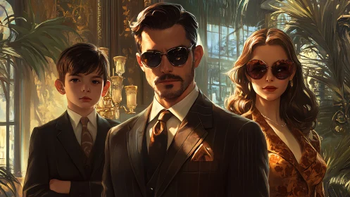 Elegant family in golden-toned conservatory exudes cool power