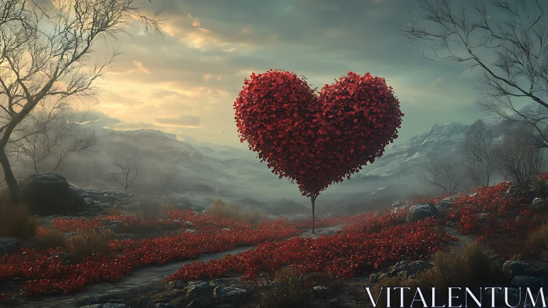 Heart-Shaped Tree Blooms Over Red Valley Landscape.
