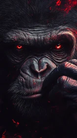 Close-up digital portrait of gorilla with fiery red eyes.