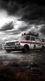 Storm-lashed retro ambulance under ominous cinematic sky.