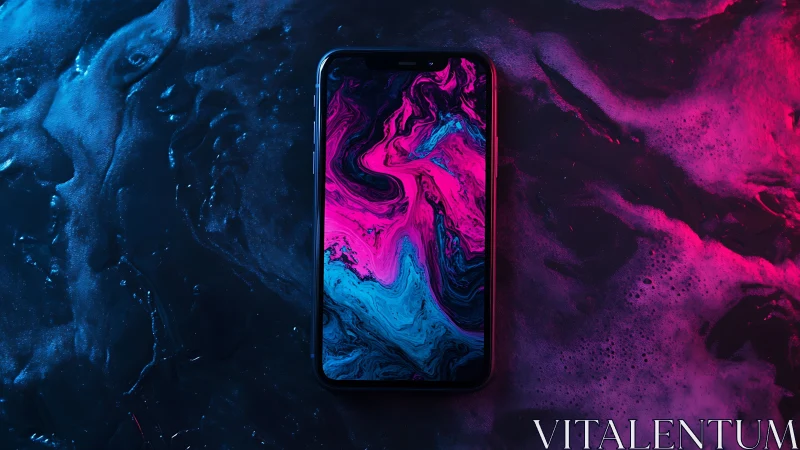 Neon smartphone display on bicolor liquid gradient surface.