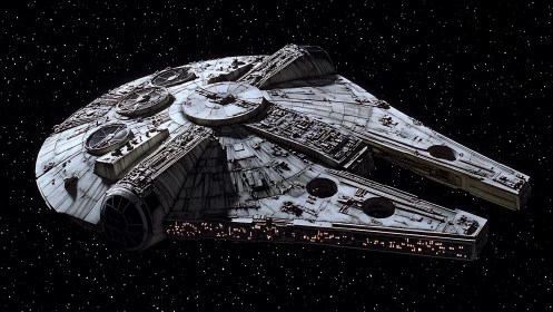 Beloved battered starship gliding through a quiet galaxy.