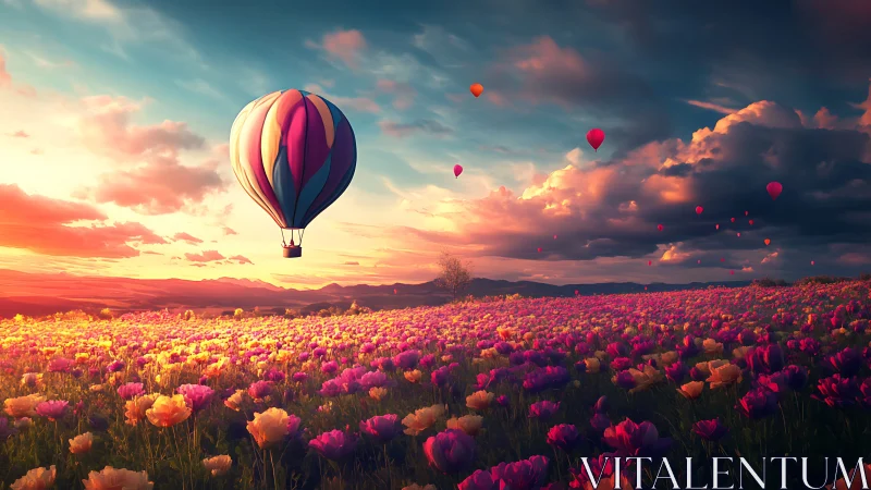 Vibrant hot air balloon drifts above glowing tulip field