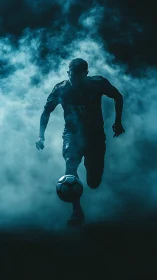 Backlit football striker in dense cyan atmospheric haze.