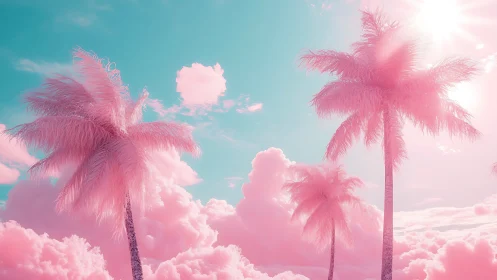 Cotton candy palm trees glow under a dreamy pastel sky