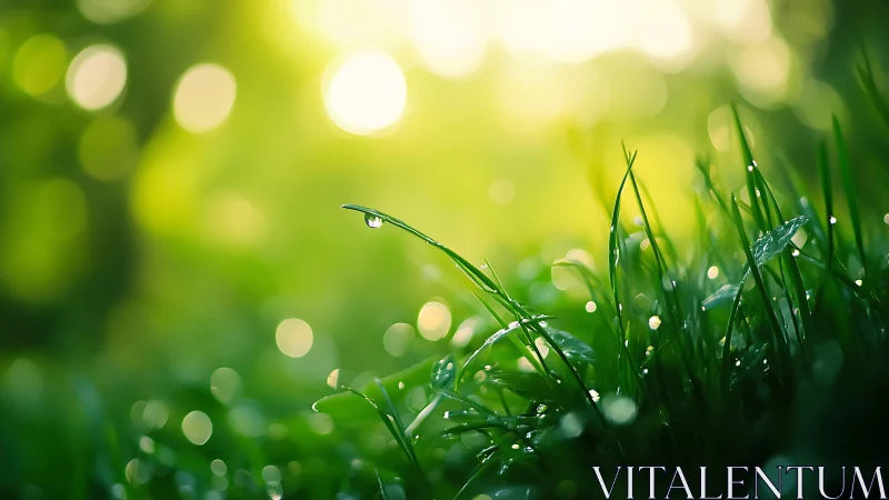 Macro lawn dew study with luminous bokeh field depth.