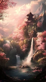 Digital painting of sakura falls with mountain temple panorama.