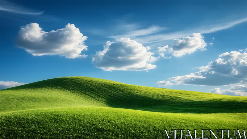 Sunlit grass-covered hill under cumulus clouds and blue sky