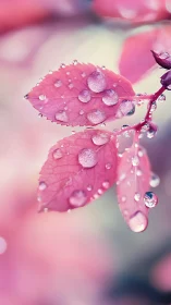 Macro analysis of dew-laden pink foliage with bokeh rendering.