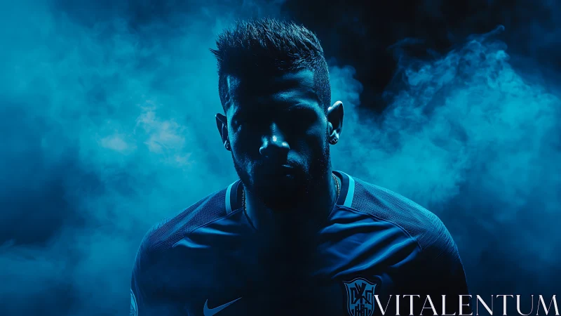 Blue-lit footballer silhouette emerges through dense smoke