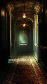 Golden chandeliers whisper down an endless haunted corridor
