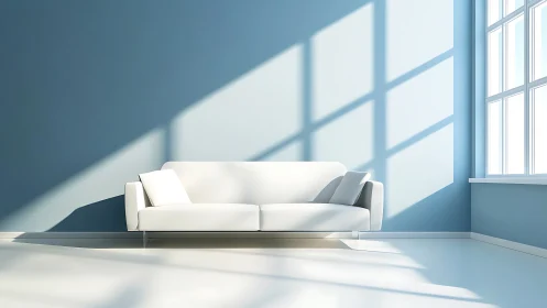 White sofa in bright room with window light patterns.