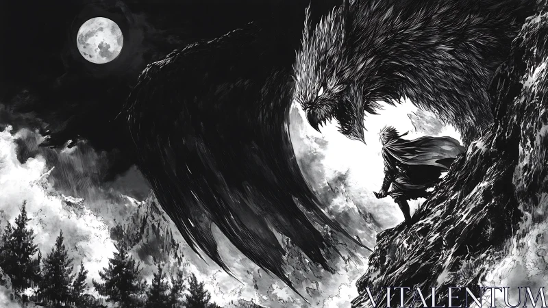 Swordsman confronts colossal winged beast in monochrome storm