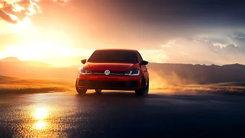 Crimson hatchback charges into a blazing cinematic sunrise road.