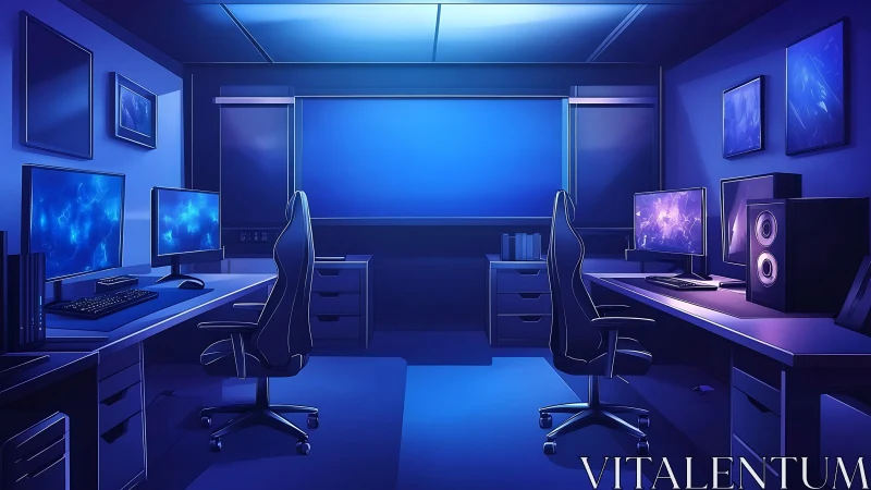 Midnight monitors hum softly inside this twin neon workspace