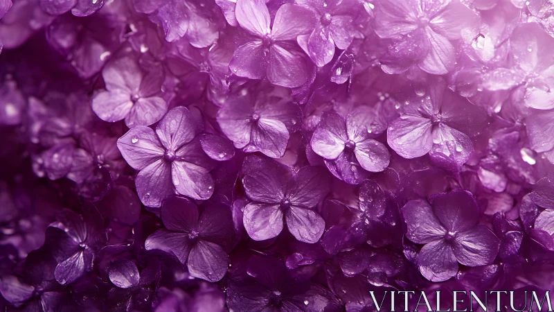 Purple hydrangea flowers densely clustered with water droplets