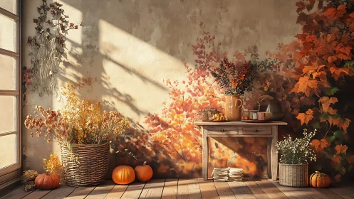 Autumn interior still life with pumpkins and dried foliage wall.