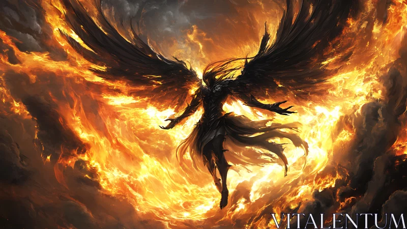Infernal winged entity emerging from turbulent firestorm vortex