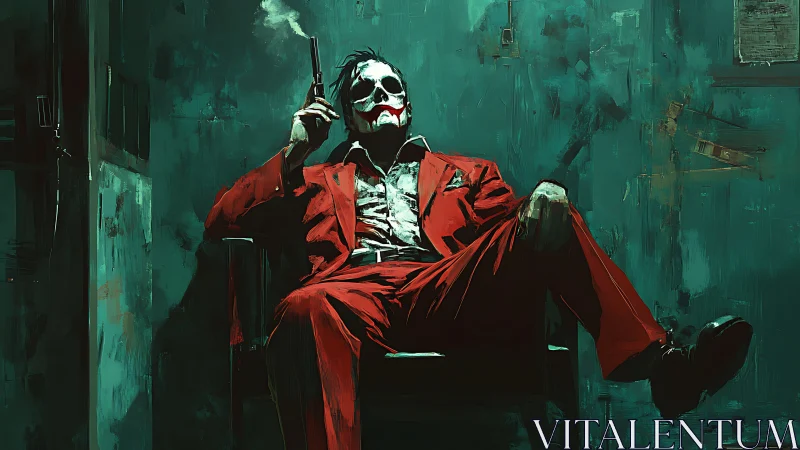 Masked gunman in red suit reclines in chiaroscuro teal chamber