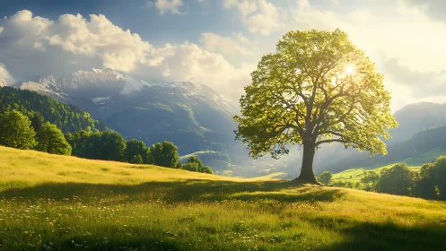 Solitary deciduous tree in sunlit alpine meadow, backlit glow