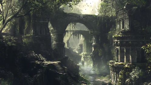 Ancient stone ruins overgrown by dense jungle vegetation