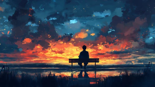 Solitary figure observes a vivid painterly sunset horizon
