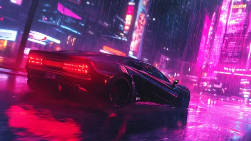Neon supercar races through rain‑soaked cyberpunk streets.